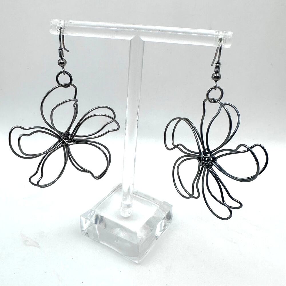 Open Flower Earring Cutout Gunmetal Gray Petals Dainty Boho Bohemian Oversized